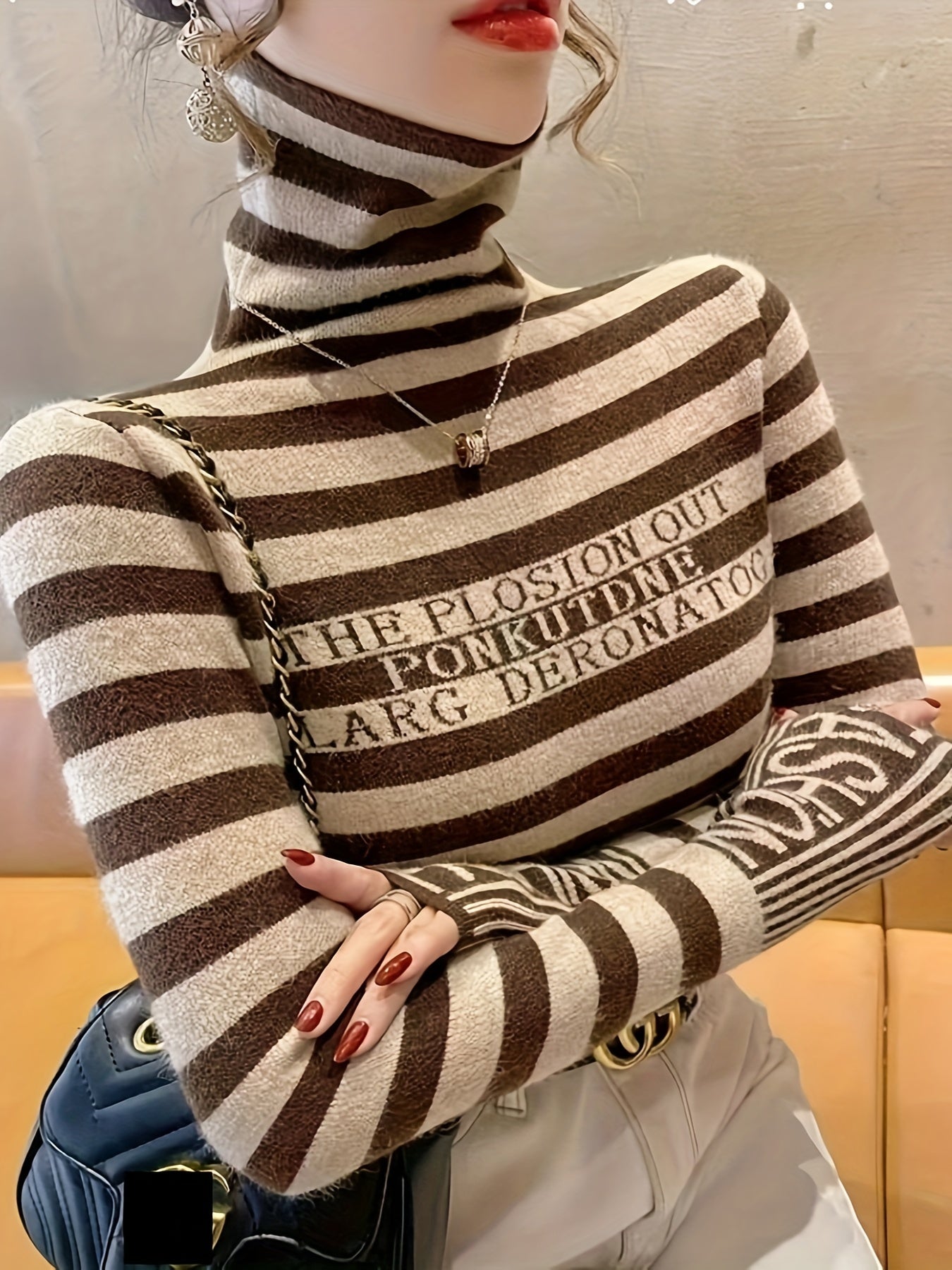 Striped Pattern Turtle Neck Sweater - Casual Long Sleeve Slim Fit Pullover Sweater for Fall & Winter - Women's Clothing - Soft & Cozy Fabric - Perfect Gift for Women